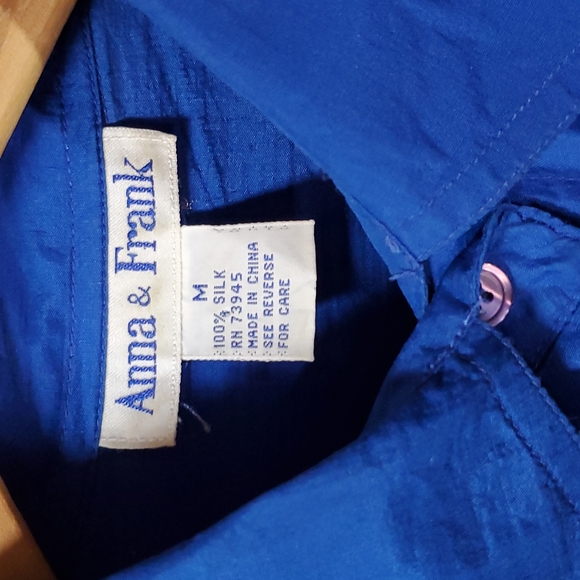 Vintage 90's M 100% Silk Colbalt Royal Blue Button Up Collar Shirt - Picture 2 of 8